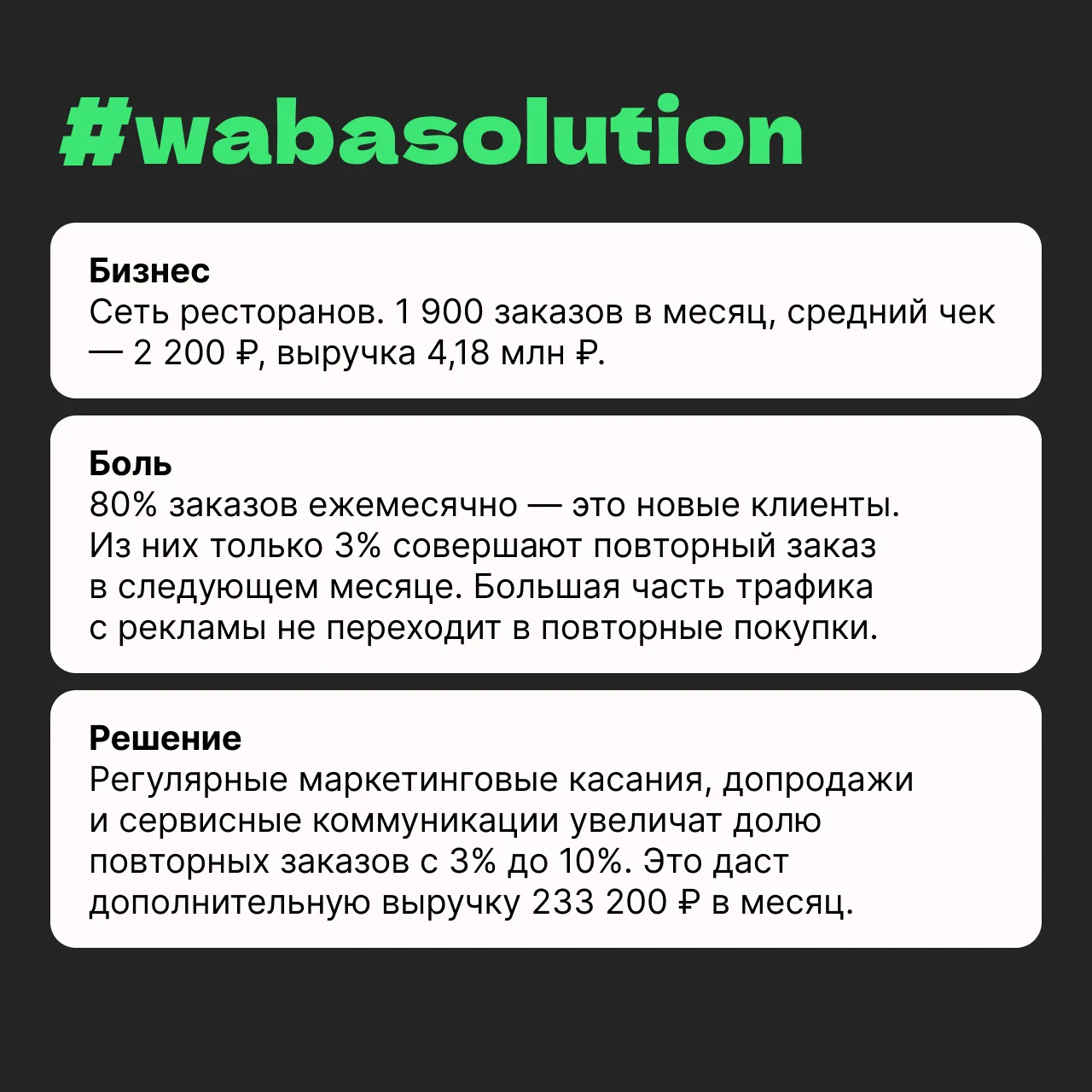 #wabasolution
Собрали WhatsApp-механики для HoReCa, которые помогут вернуть клиентов и увеличить кол