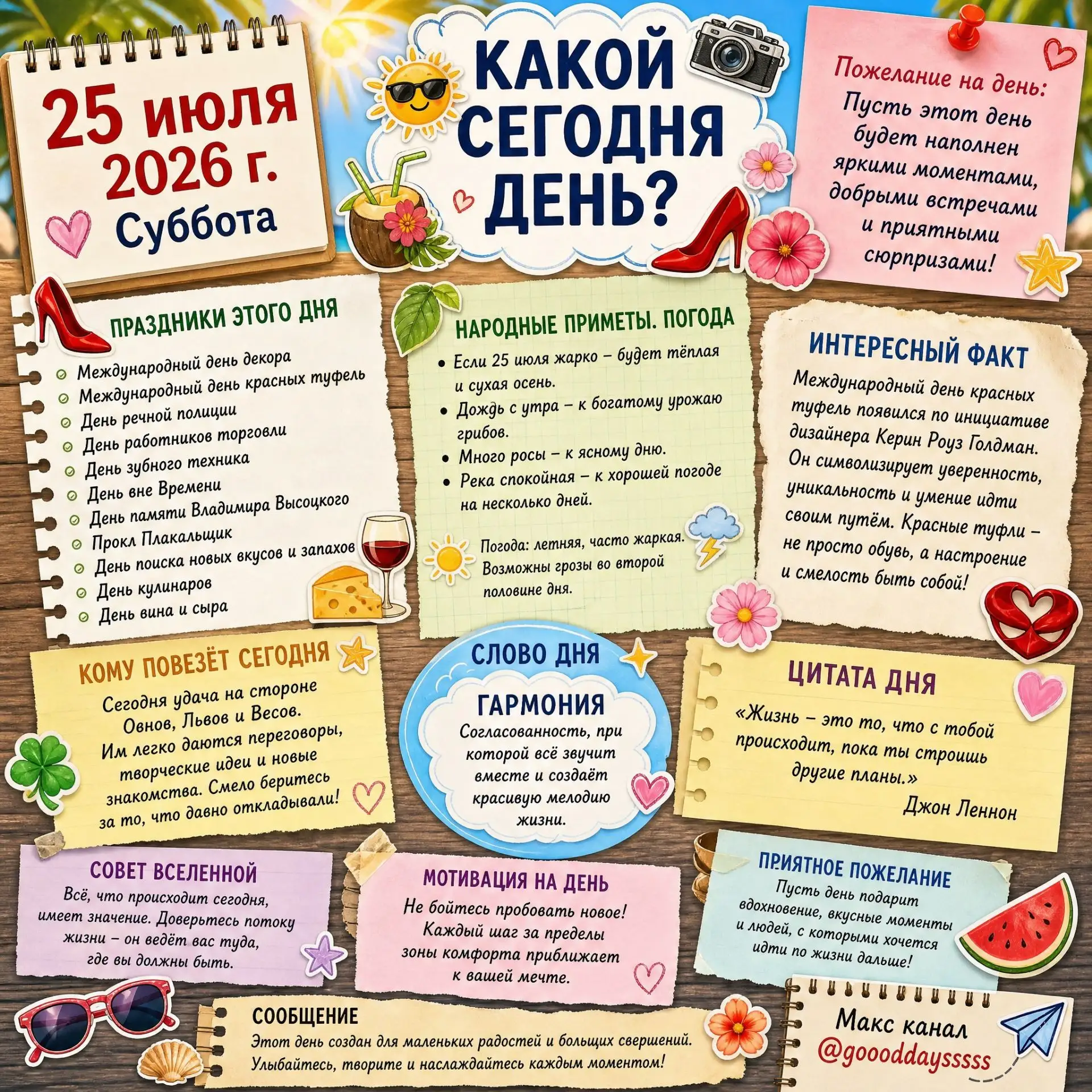 🗓️ Суббота, 25 июля 2026 года
Узнаем #какойсегоднядень? 😉 

Источники вдохновения для создания это