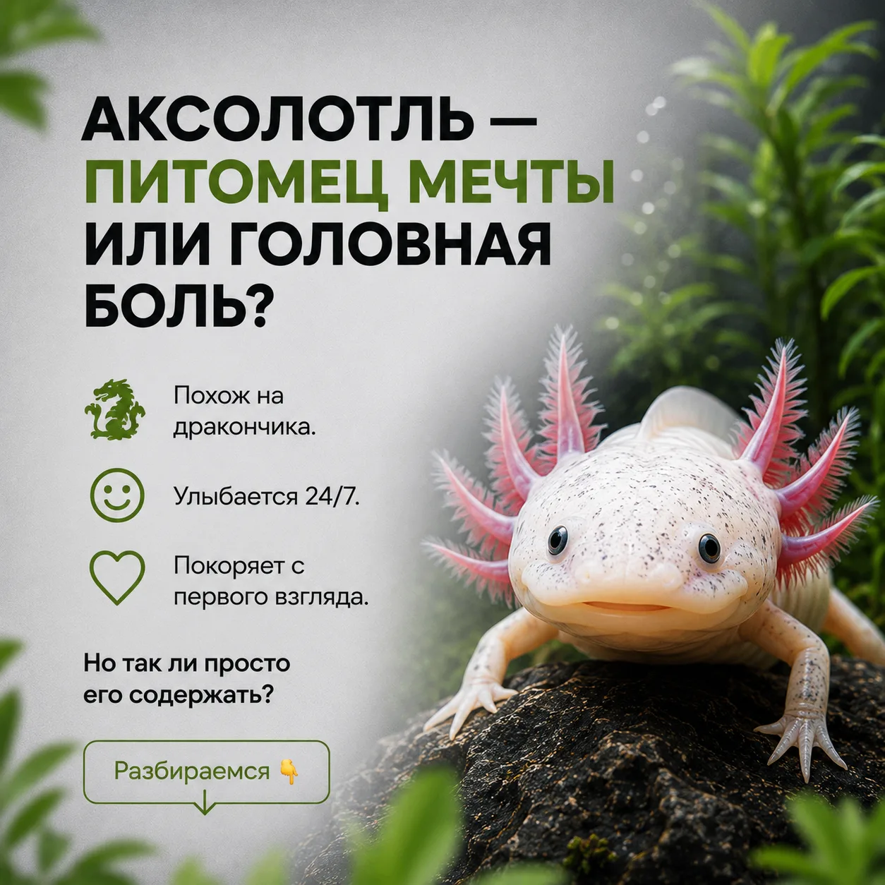 🦎Аксолотль — питомец мечты или головная боль?

На фото и видео они выглядят как идеальные питомцы: 
