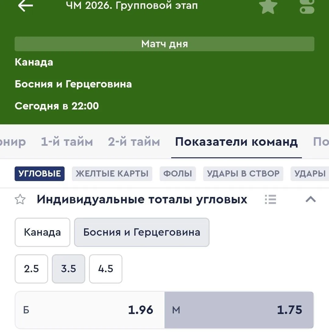 Футбол. Чемпионат Мира.
➡️22:00 Канада - Босния и Герцеговина - Угловые ИТМ2(3.5) Коэффициент: 1.75
