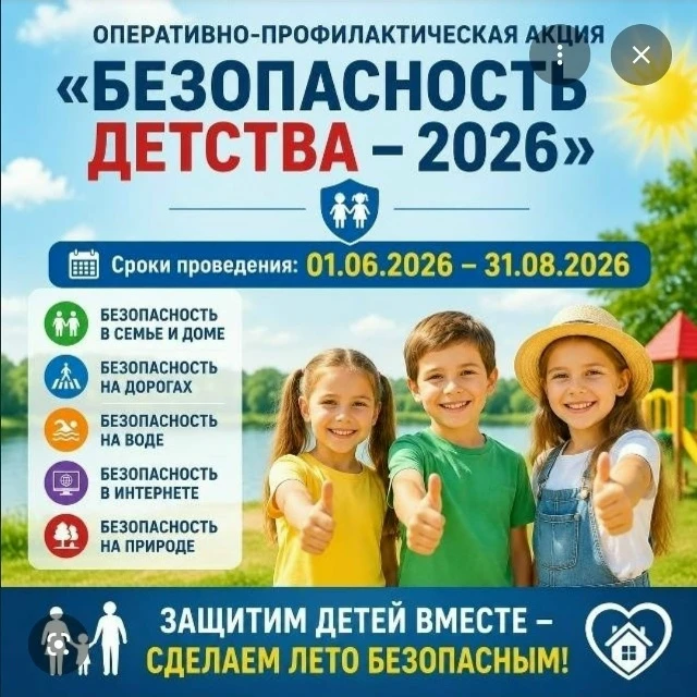 ВСЕРОССИЙСКАЯ АКЦИЯ «БЕЗОПАСНОСТЬ ДЕТСТВА-2026» 
 
✅С 1 июня 2026 года по 31 августа 2026 года уже т
