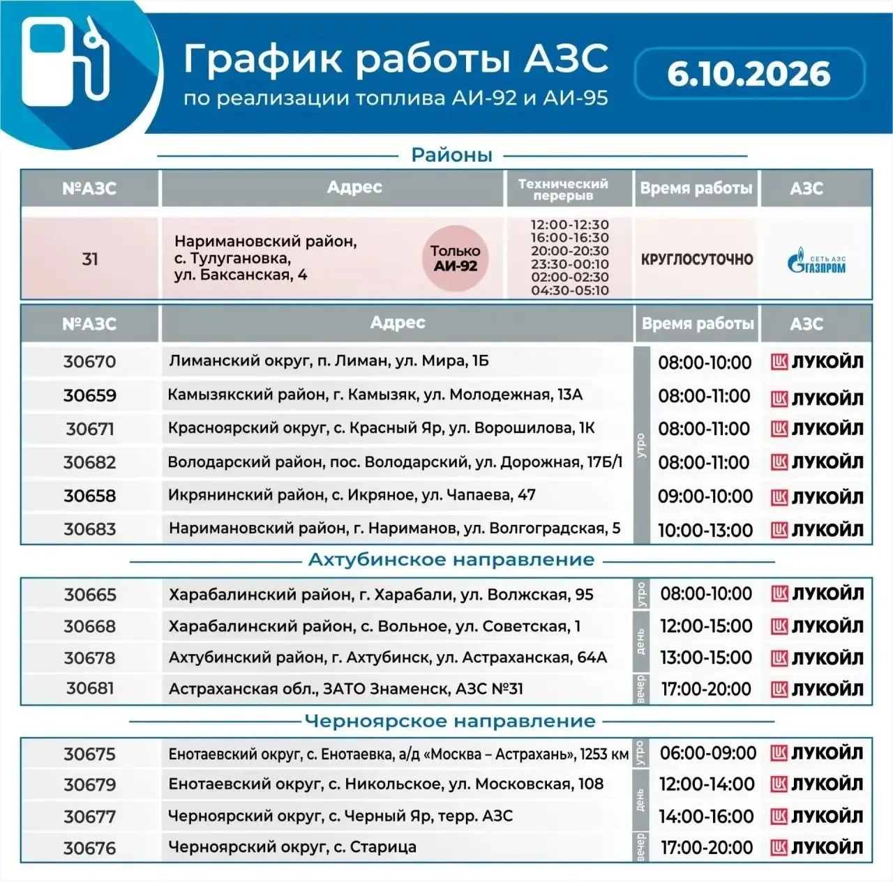 График работы АЗС на 6 октября