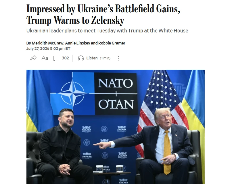 WSJ: Впечатлённый успехами Украины на поле боя, Трамп смягчил своё отношение к Зеленскому

По словам