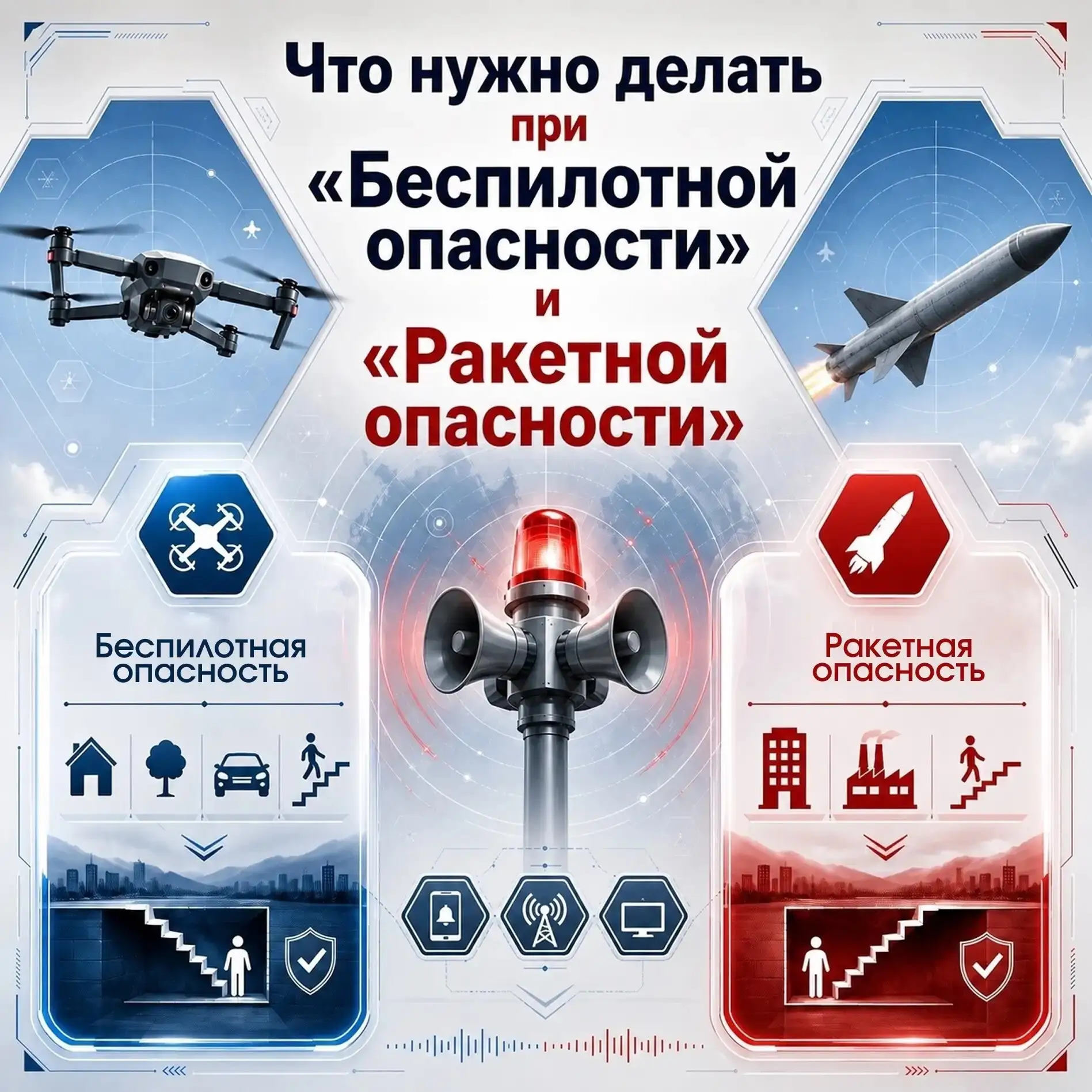❗️ Как действовать при объявлении режимов «Беспилотная опасность» и «Ракетная опасность»?