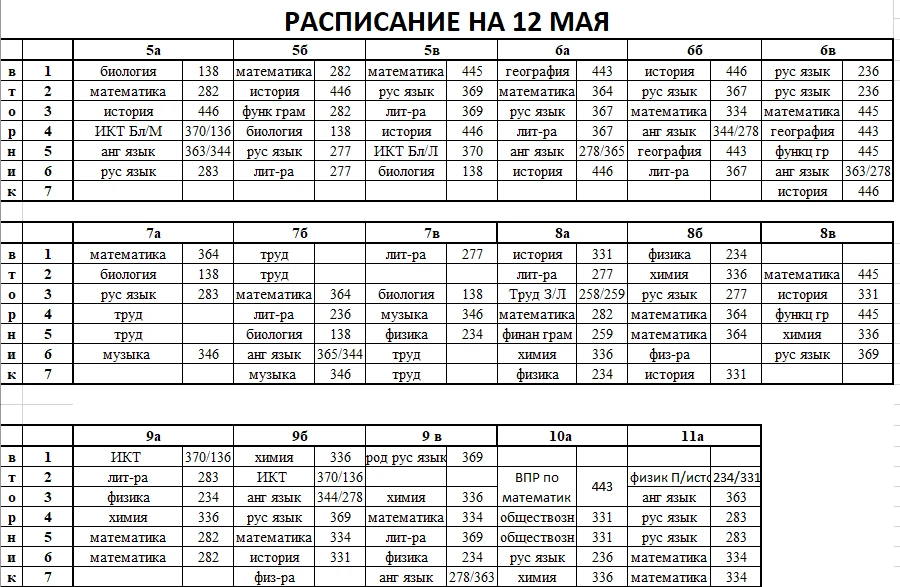 Поменялся порядок уроков на 12 мая