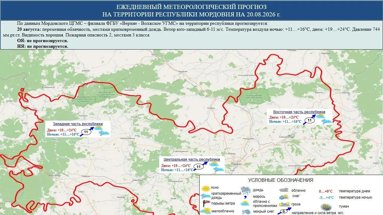 🌦 20 августа в Мордовии переменная облачность, местами кратковременный дождь. Ветер юг...