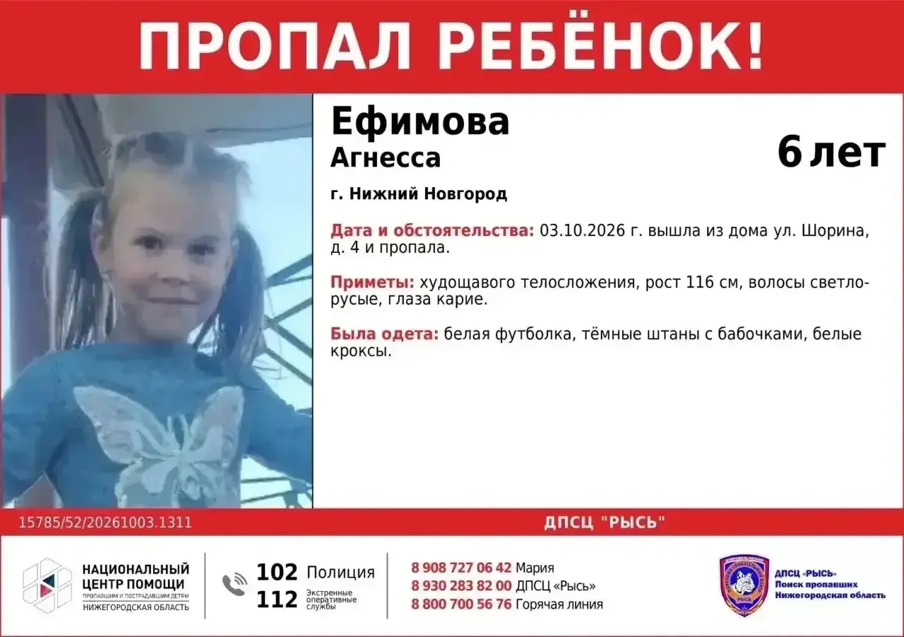 ‼️ Срочно! В Нижнем Новгороде пропала 6-летняя девочка