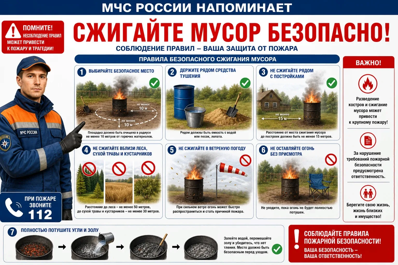 🔥Сжигание мусора несёт серьёзные риски: огонь может быстро выйти из‑под контроля, угро...
