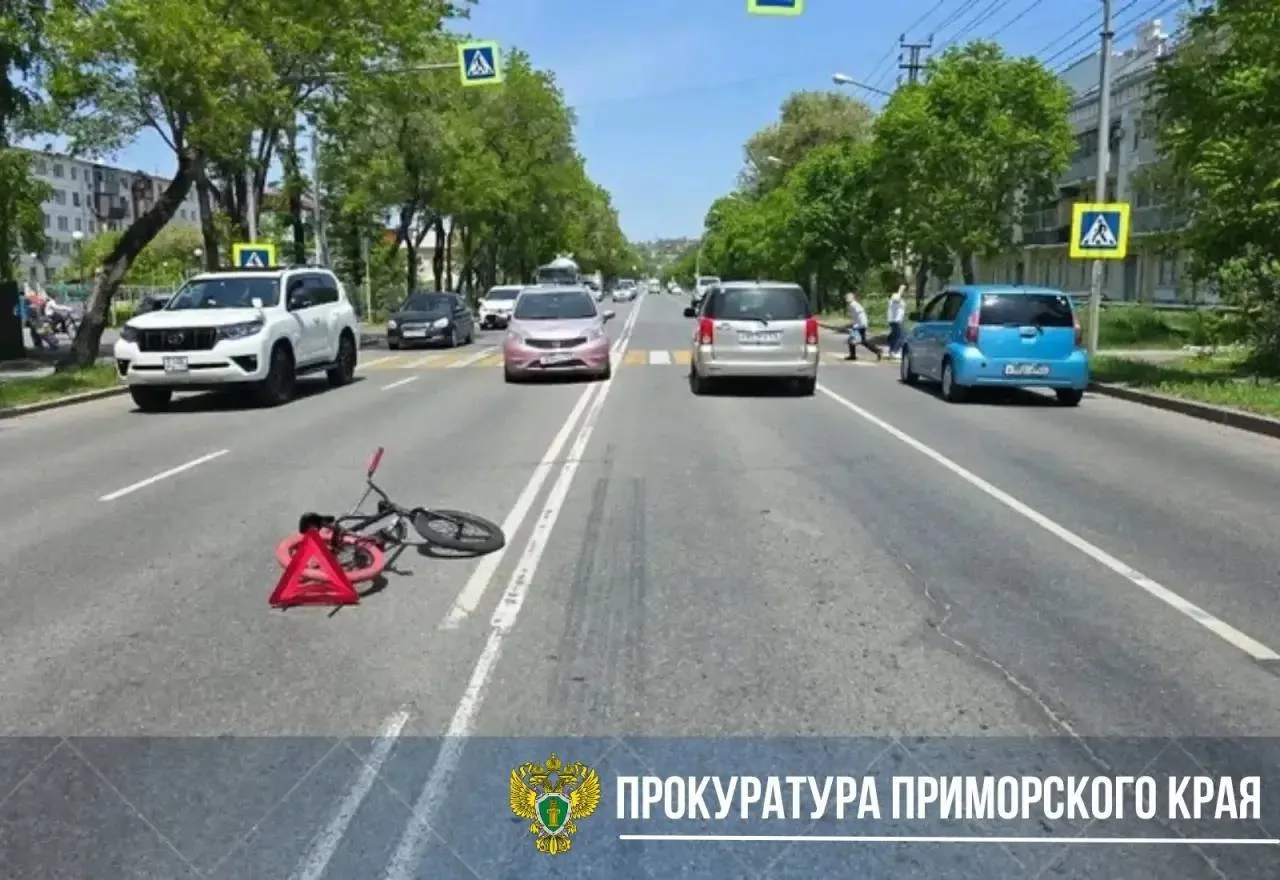 В Уссурийске сбили 9-летнего мальчика на переходе — он вёл велосипед и шёл пешком по правилам.  Днём