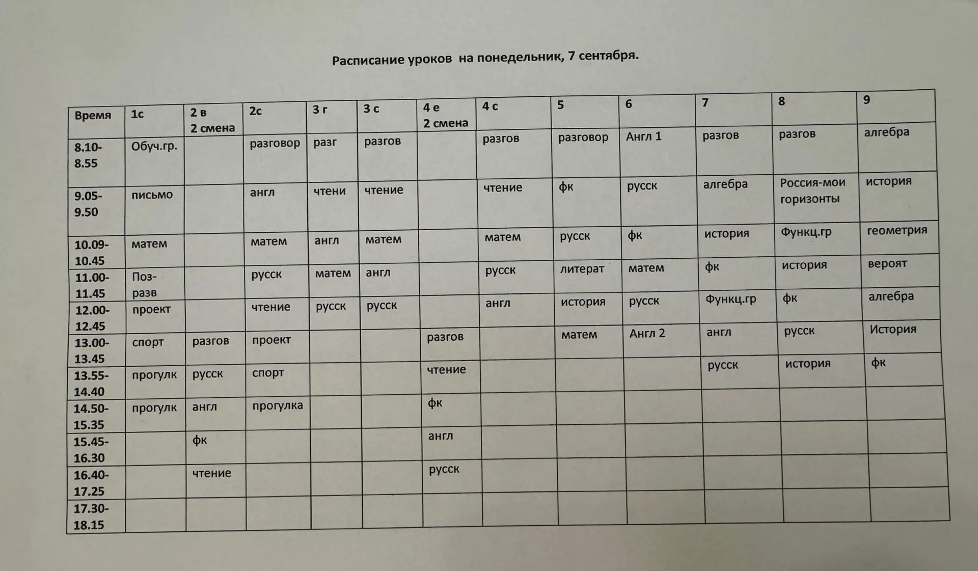 Расписание на понедельник, 7 сентября