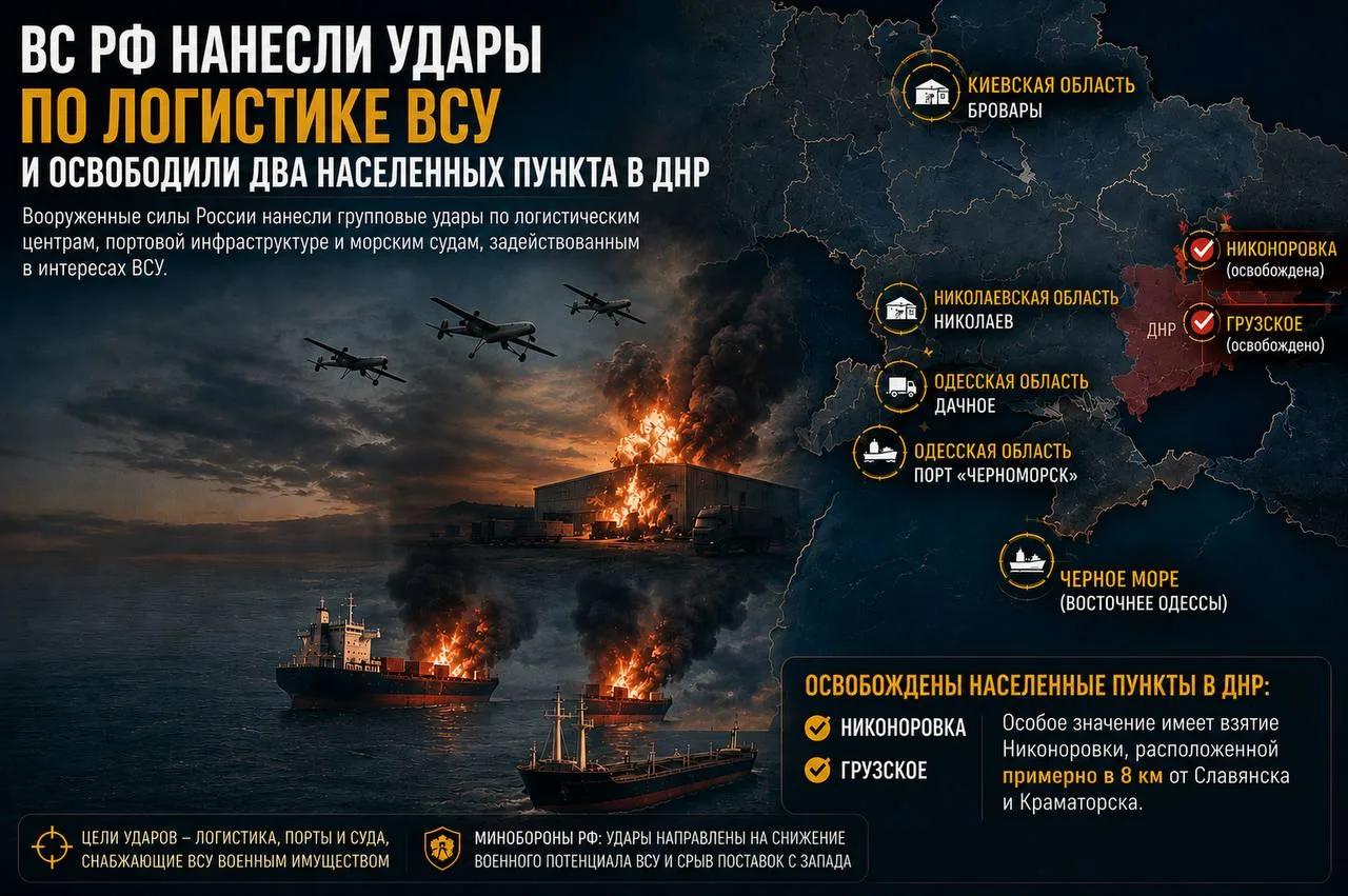 ВС РФ нанесли удары по логистическим центрам и судам ВСУ, а также сообщили об освобожде...