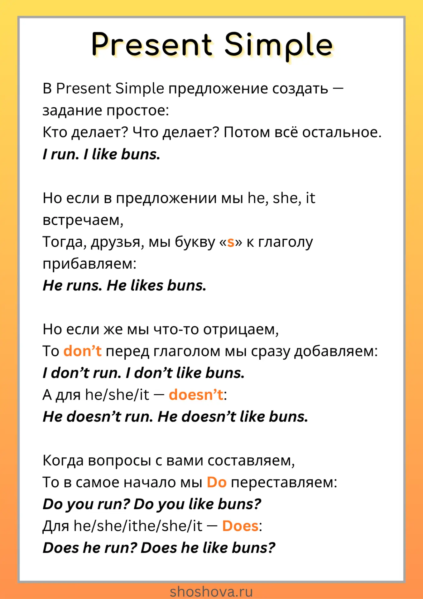 Ещё один способ представить правила Present Simple - постер или шпаргалка со стихом. Скачать их можн