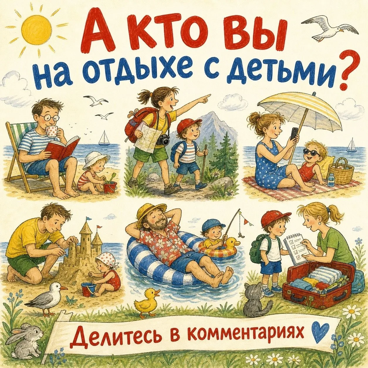 🧚А кто вы на отдыхе с детьми?
⁣
Отдых с ребёнком — это не про идеальную картинку из соцсетей. Это п