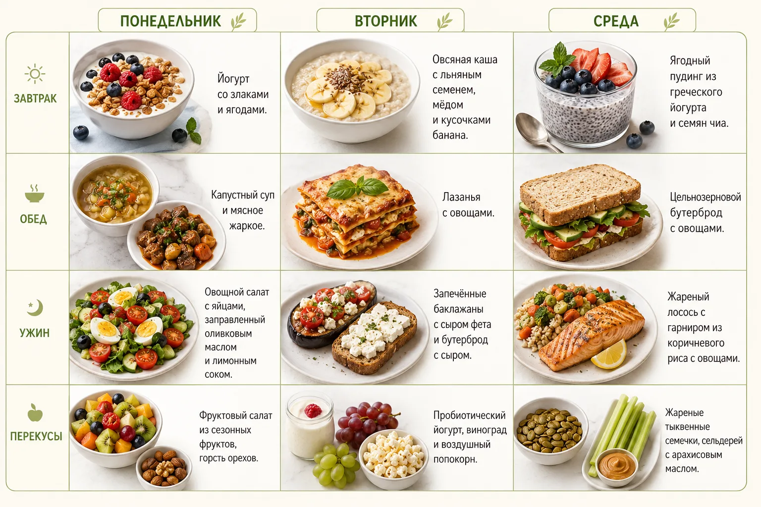 🥗 Как может выглядеть средиземноморское питание?

Подготовили для вас примерное меню на 3 дня, чтоб