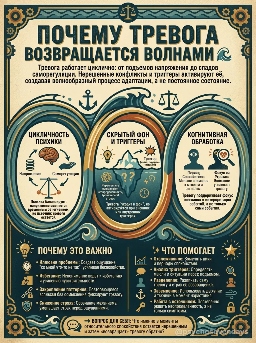 Почему тревога возвращается волнами 🌊

Тревога редко присутствует как постоянное, ровное состояние.