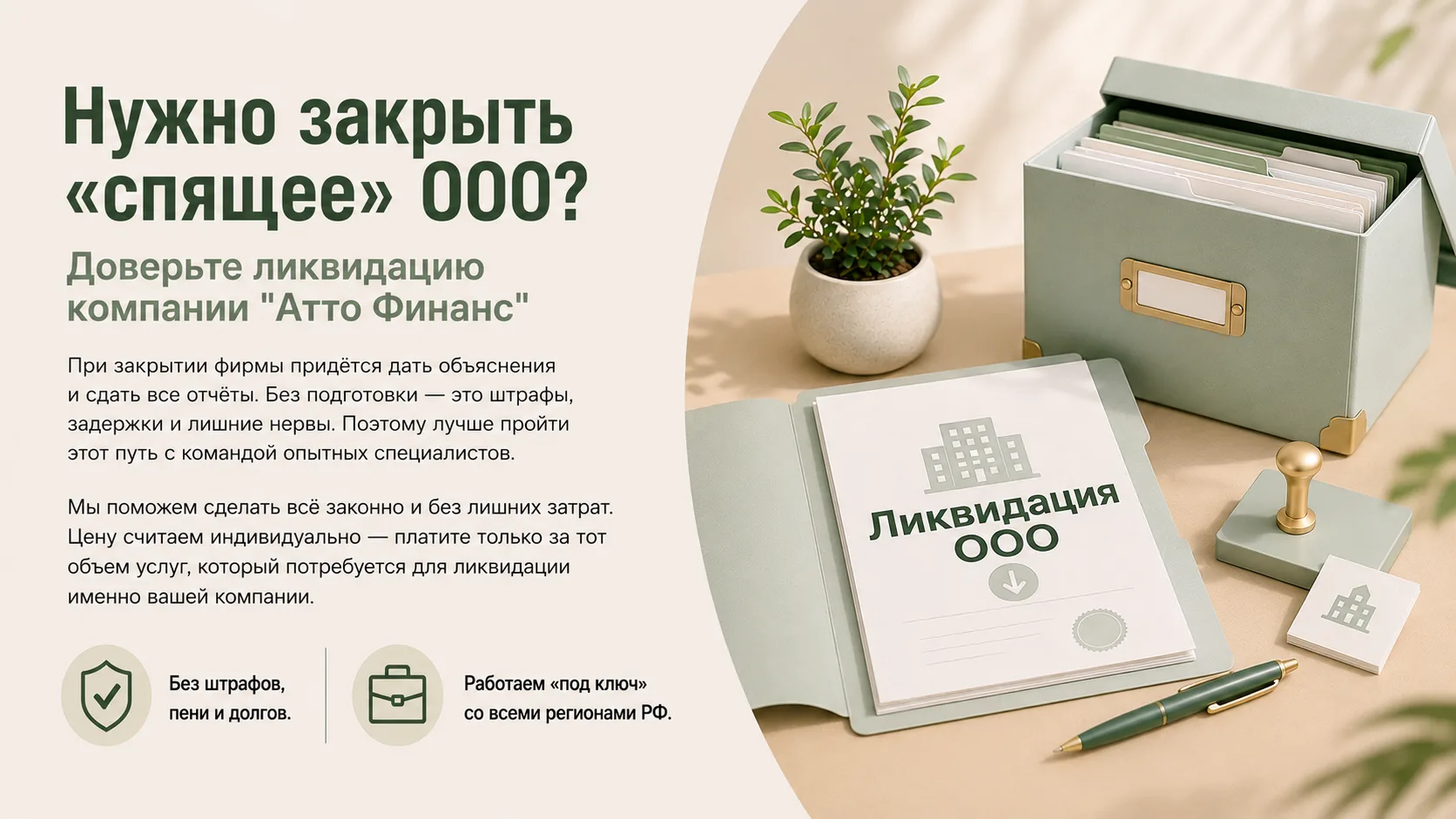 Нужно закрыть «спящее» ООО? Доверьте ликвидацию компании «Атто Финанс»!

При закрытии фирмы придётся