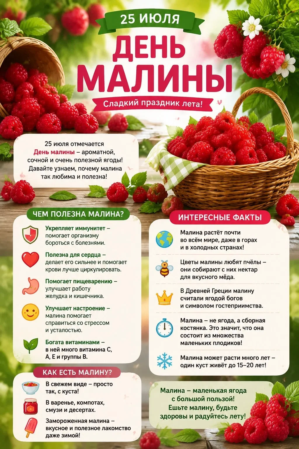 🍓 День малины — праздник самого летнего вкуса! 🍓

25 июля отмечают День малины — и это отличный по