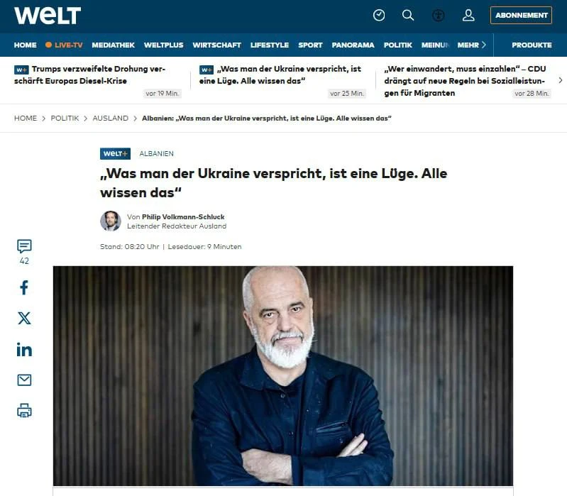 🇪🇺 «Все это знают»: премьер Албании назвал обещания Украине о вступлении в ЕС ложью