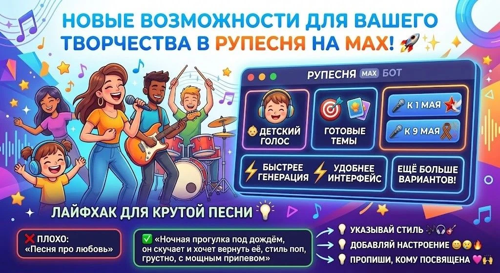 🎶 Создать песню в нашем боте «Рупесня» в MAX стало ещё проще и эффективнее!