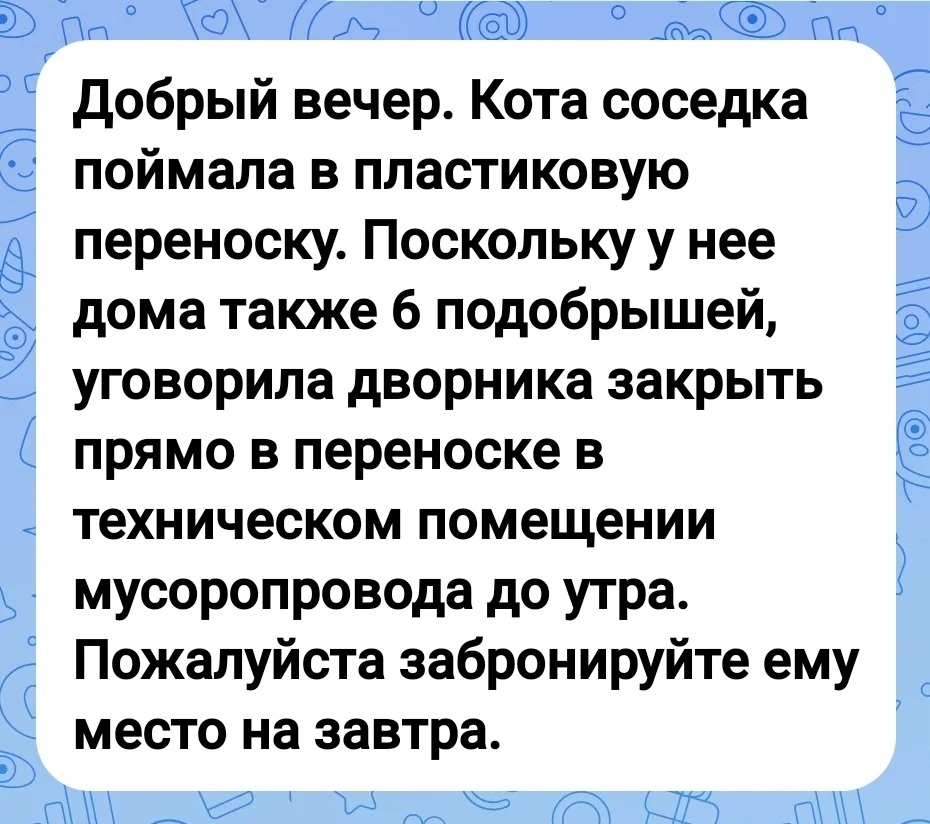Это вот об этом горемыке. Разумеется, мы не можем допустить, чтобы больной кот находилс...