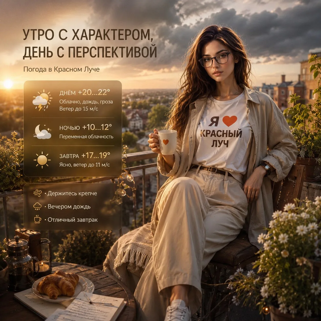 Доброе утро! С любовью для вас погода в Красном Луче на сегодня и завтра ☀️  Сегодня, днём 27 мая: О