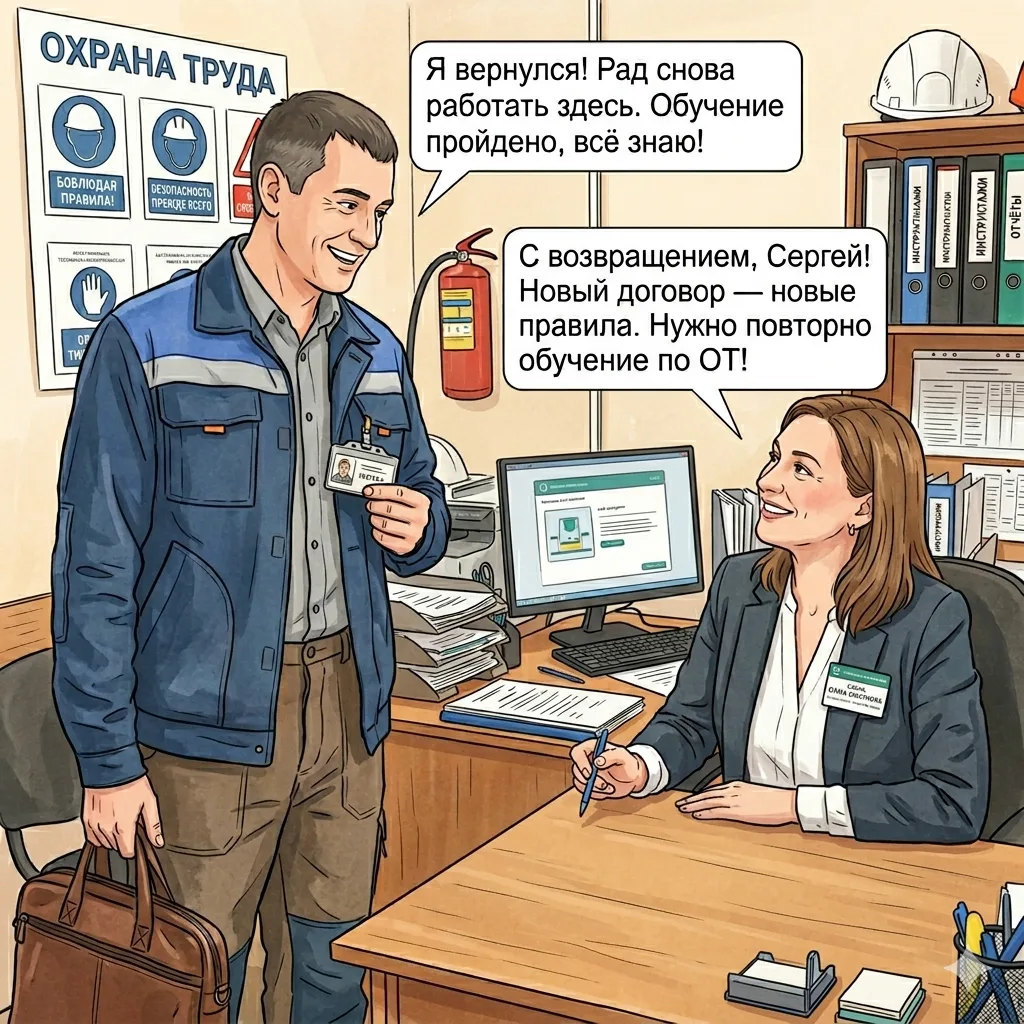 Нужно ли повторно обучать по охране труда работника, если он уволился и вновь принят в ту же организ