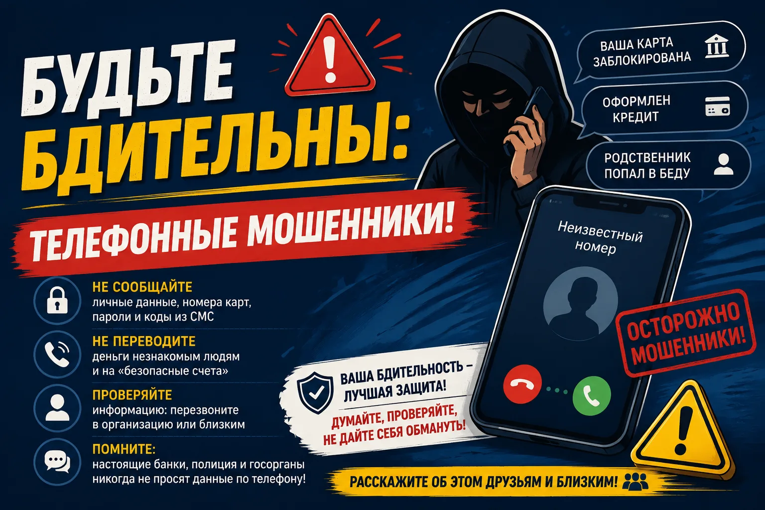 Будьте бдительны — телефонные мошенники!

Уважаемые ученики, родители и учителя! В последнее время у