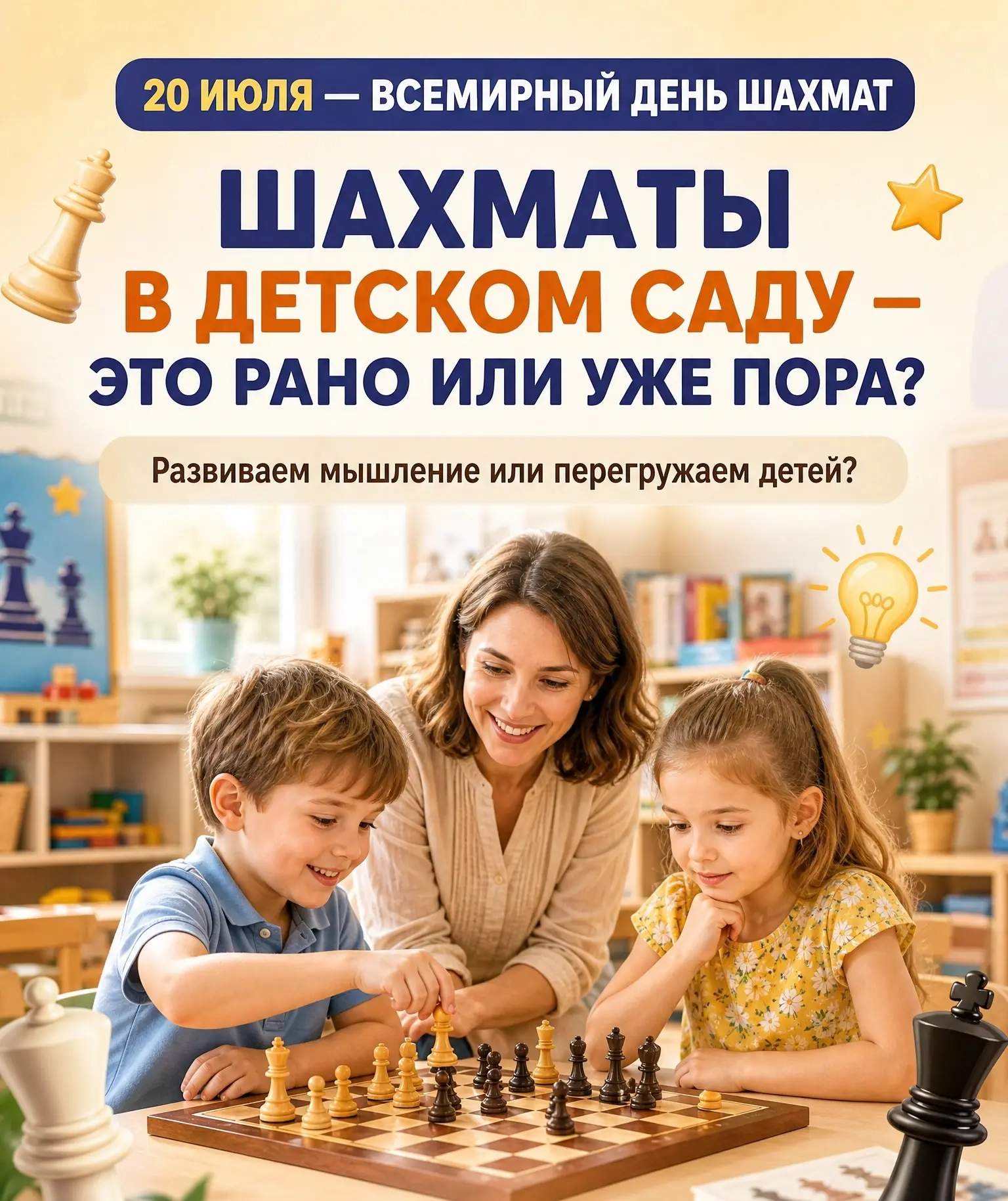 20 июля отмечается Международный день шахмат♟♟
♟ Не умеете играть в шахматы? Ничего страшного — детя
