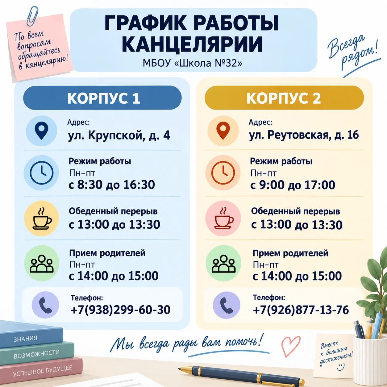 Уважаемые родители! Обращаем ваше внимание на график работы канцелярии в двух корпусах ...