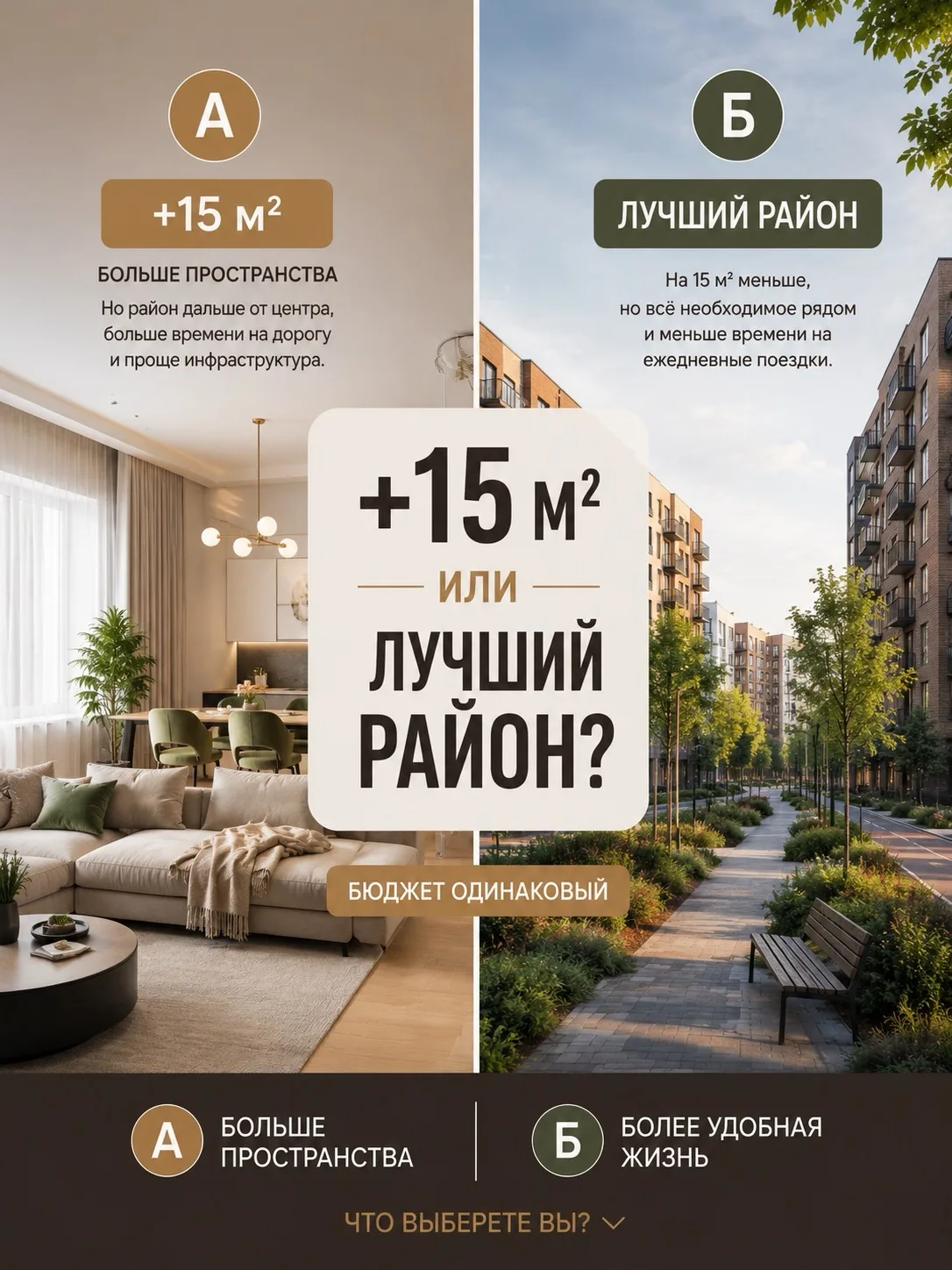 ⚖️ Вчера я предложила выбрать: +15 м² или лучший район.