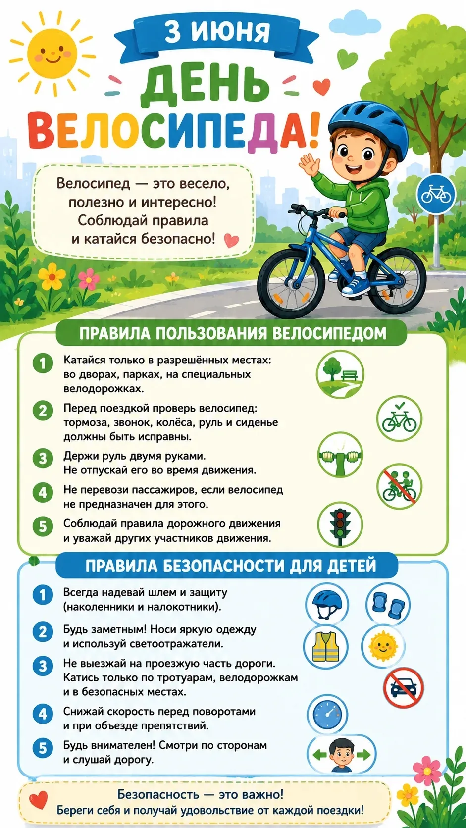 3 июня — День велосипеда! 🚴‍♂️🚴‍♀️

Лето в самом разгаре, и велосипедные прогулки становятся любим
