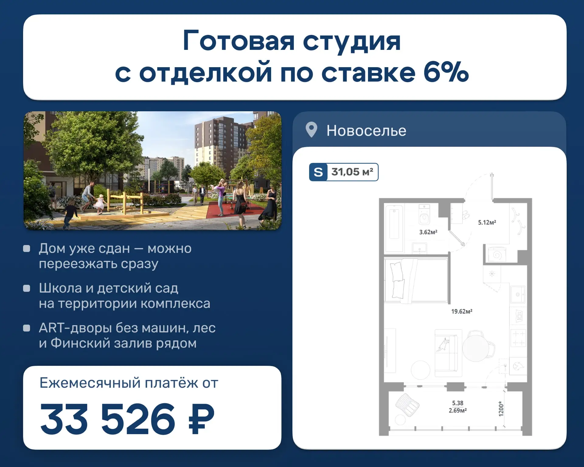 33 526 ₽/мес за студию с отделкой в готовом доме — переехать можно сразу