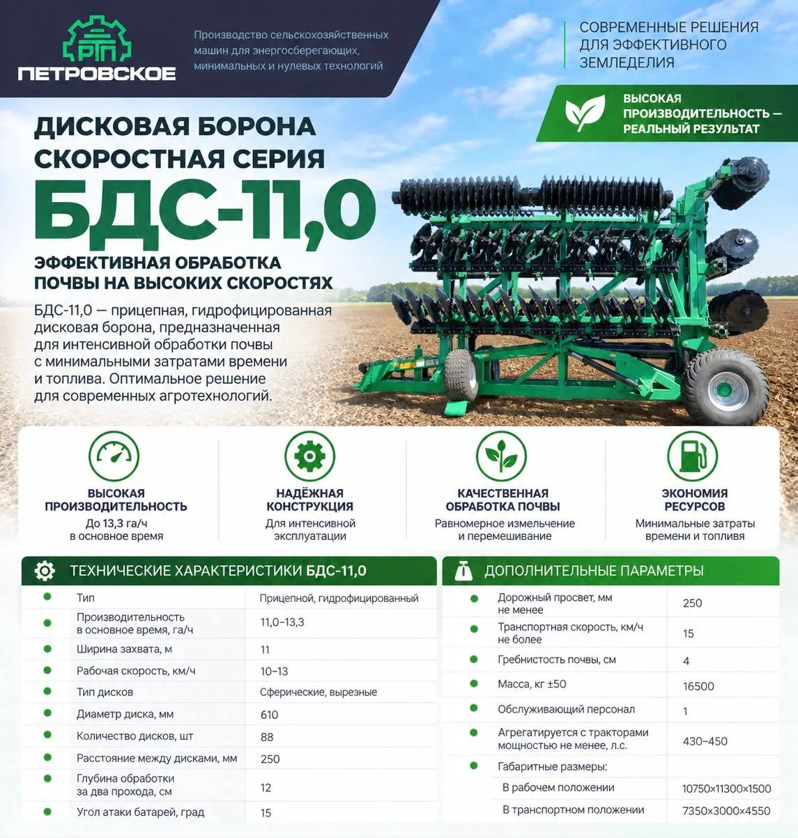 Дисковая борона скоростная БДС-11,0 — высокая производительность для больших площадей
