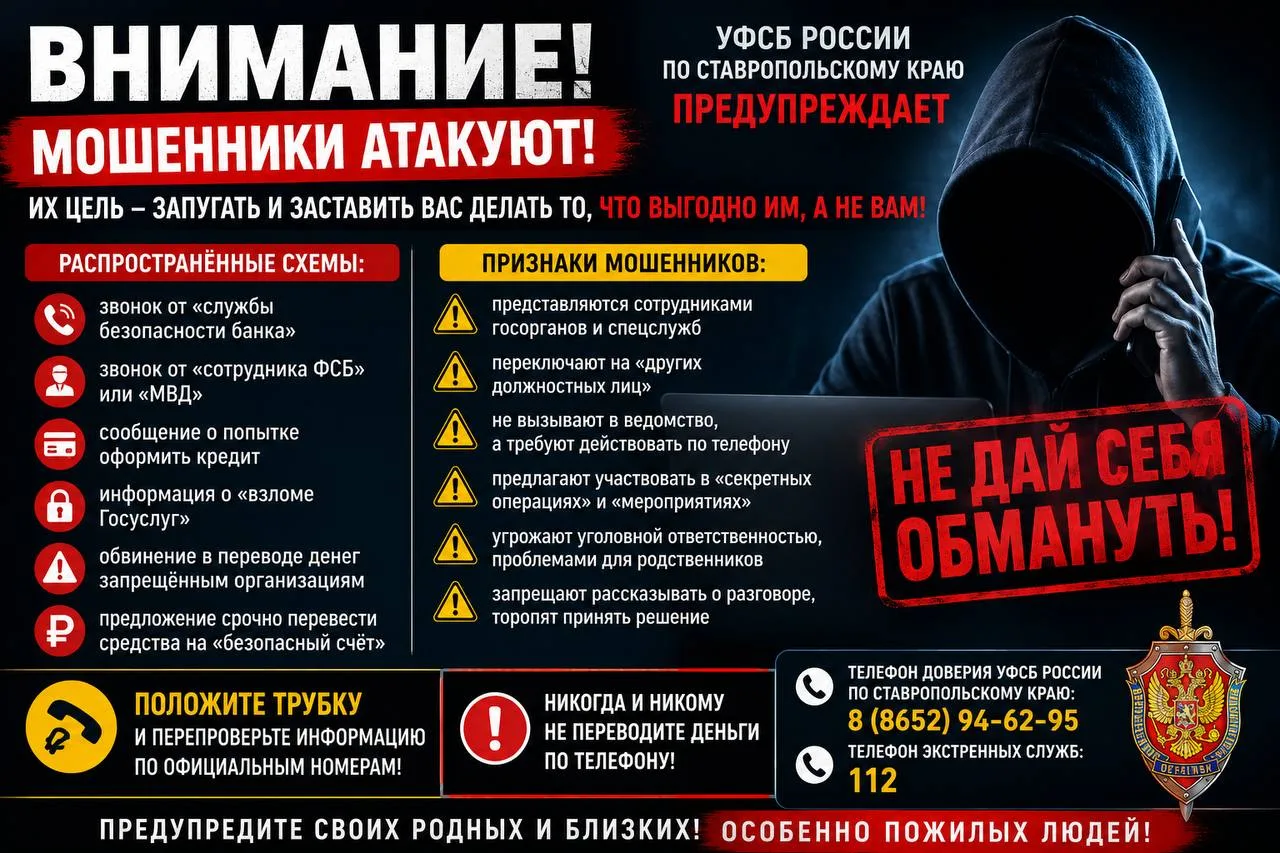 🚨 ВНИМАНИЕ! На Ставрополье активизировались телефонные мошенники, которые представляются сотрудника