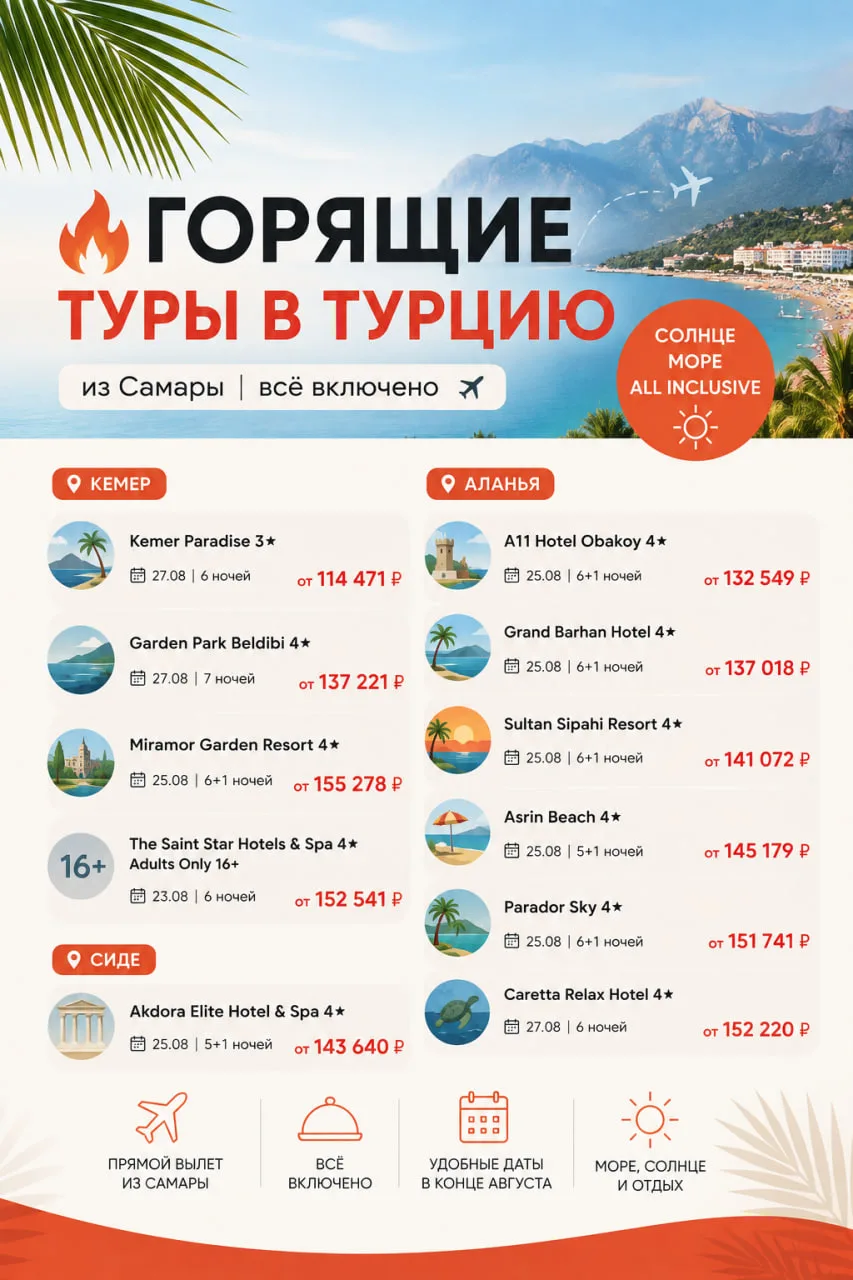 🔥 ГОРЯЩИЕ ТУРЫ В ТУРЦИЮ ИЗ САМАРЫ 🇹🇷☀️