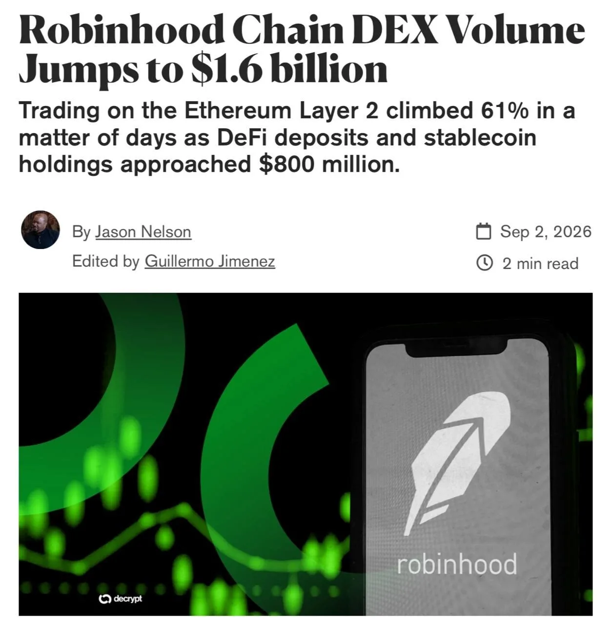Суточный объем торгов на DEX в сети Robinhood Chain вчера составил более $1,5 млрд.