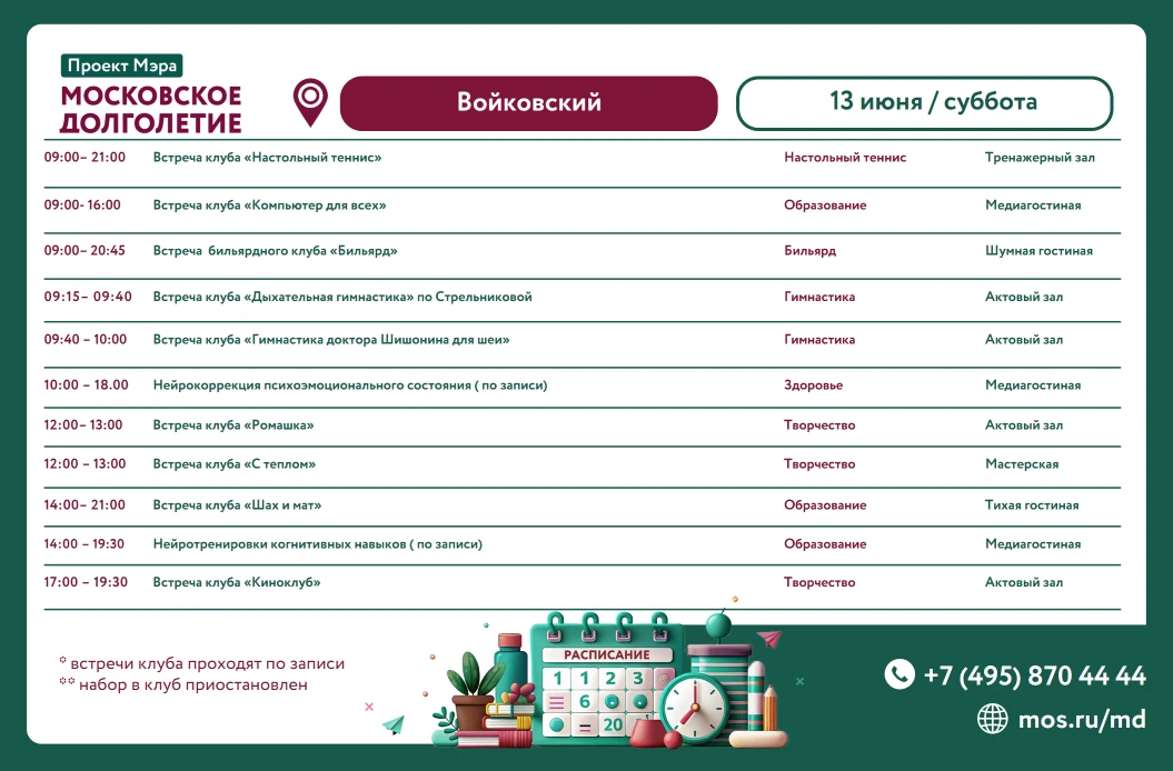 🌸 Дорогие друзья! 🌸

Направляем вам расписание Центра московского долголетия «Войковский"
СУББОТА,