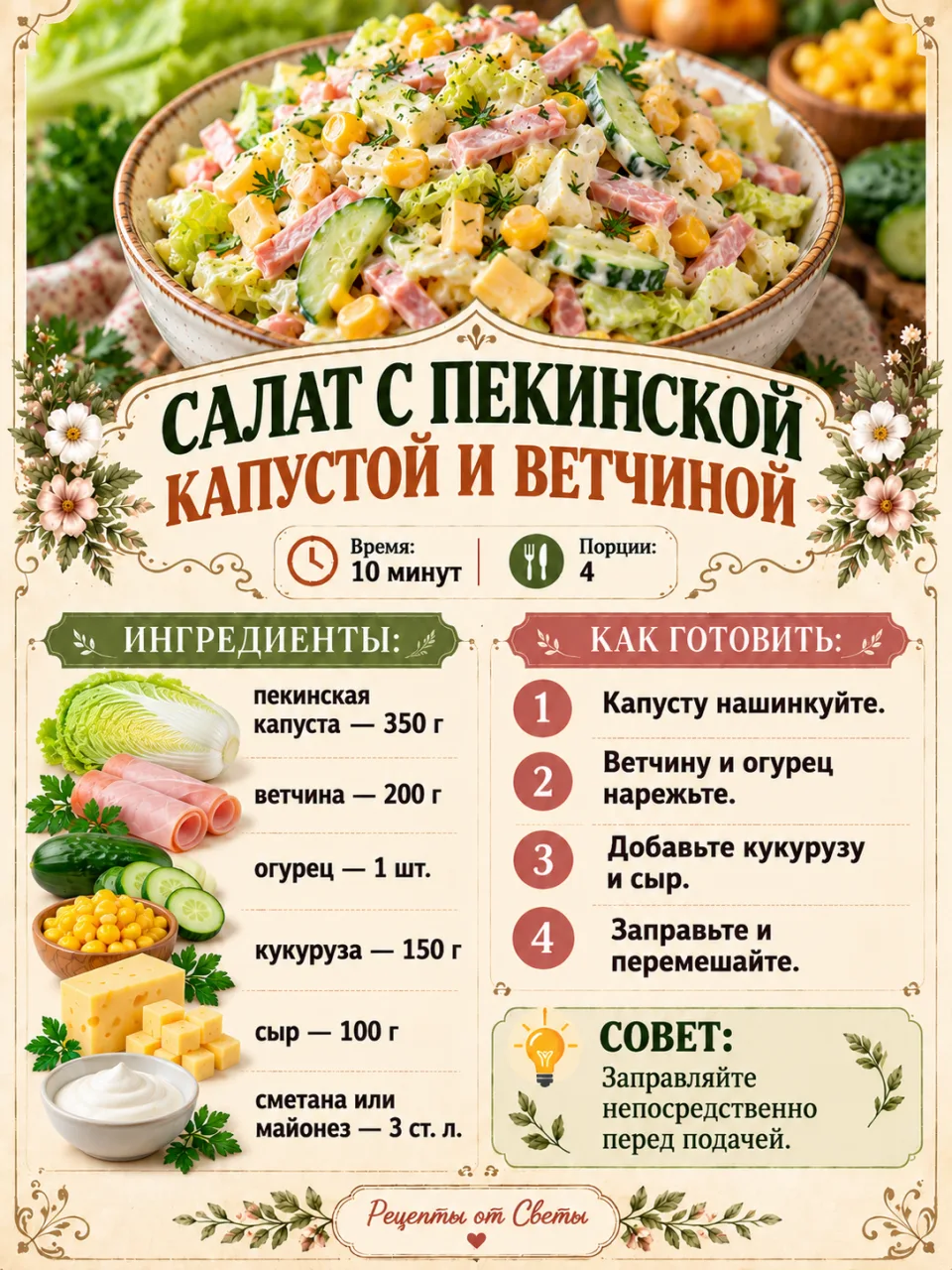 🥗 Салат с пекинской капустой и ветчиной