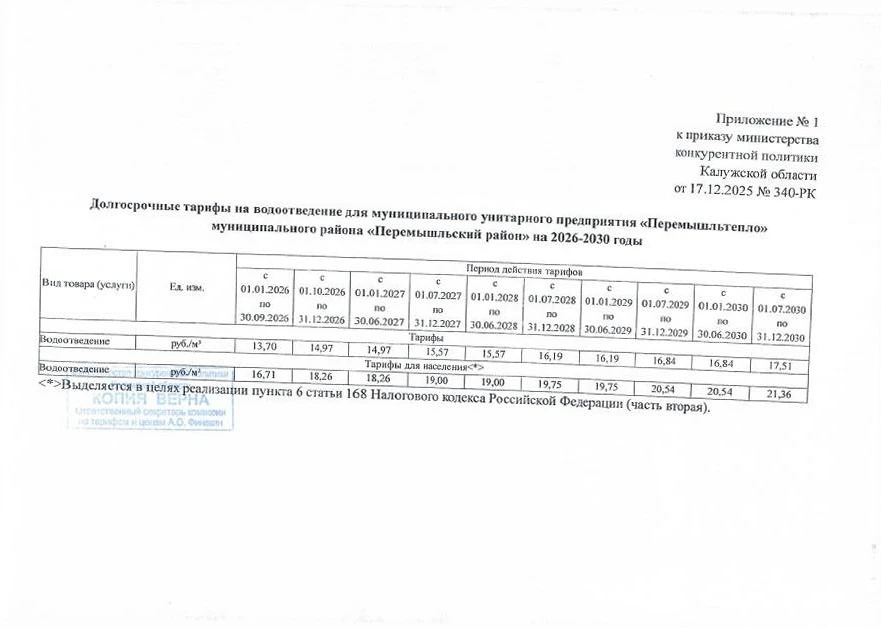 ‼️Уважаемые абоненты‼️ 
Изменение ТАРИФОВ с 01.01.2026 года
ВОДООТВЕДЕНИЕ
Приказ №340-РК от 17.12.20