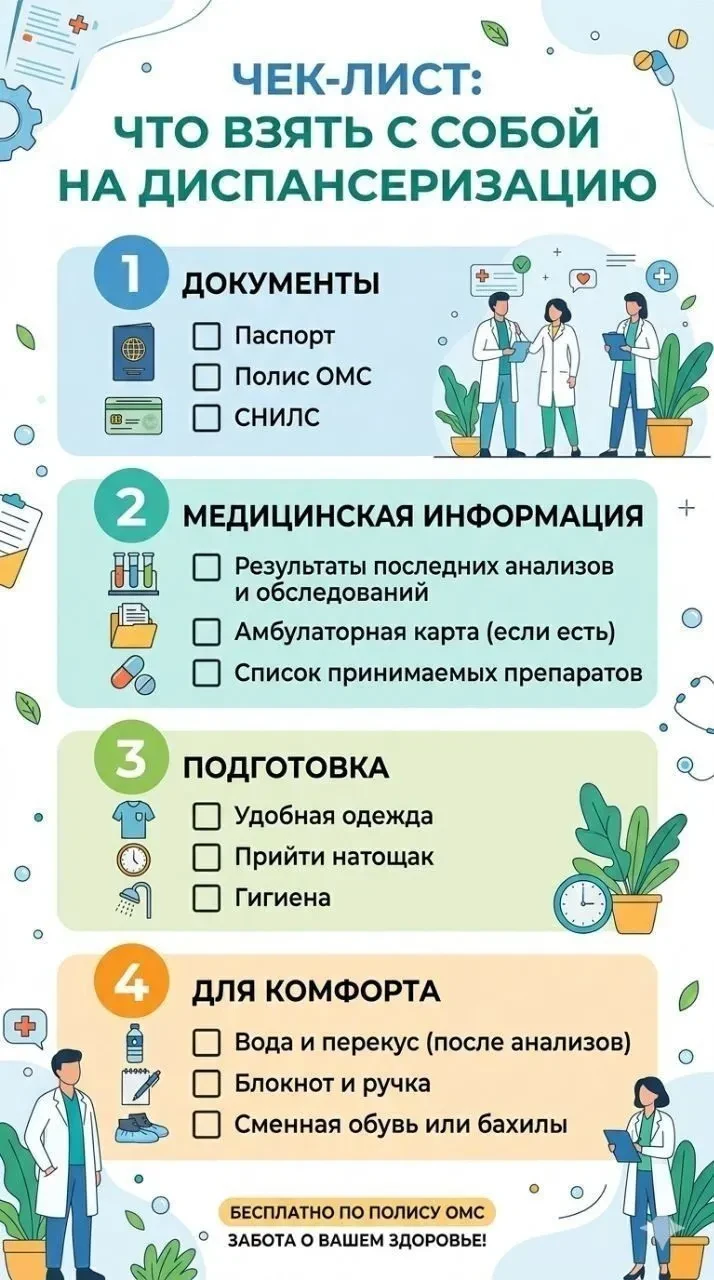 🏥 Что взять с собой на диспансеризацию?

Обязательно:
1. Паспорт
2. Полис ОМС
3. Направление на дис