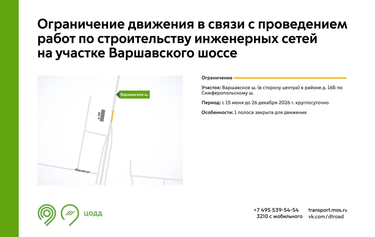 С 15 июня до 26 декабря на участке Варшавского шоссе в районе дома 16Б по Симферопольскому шоссе буд