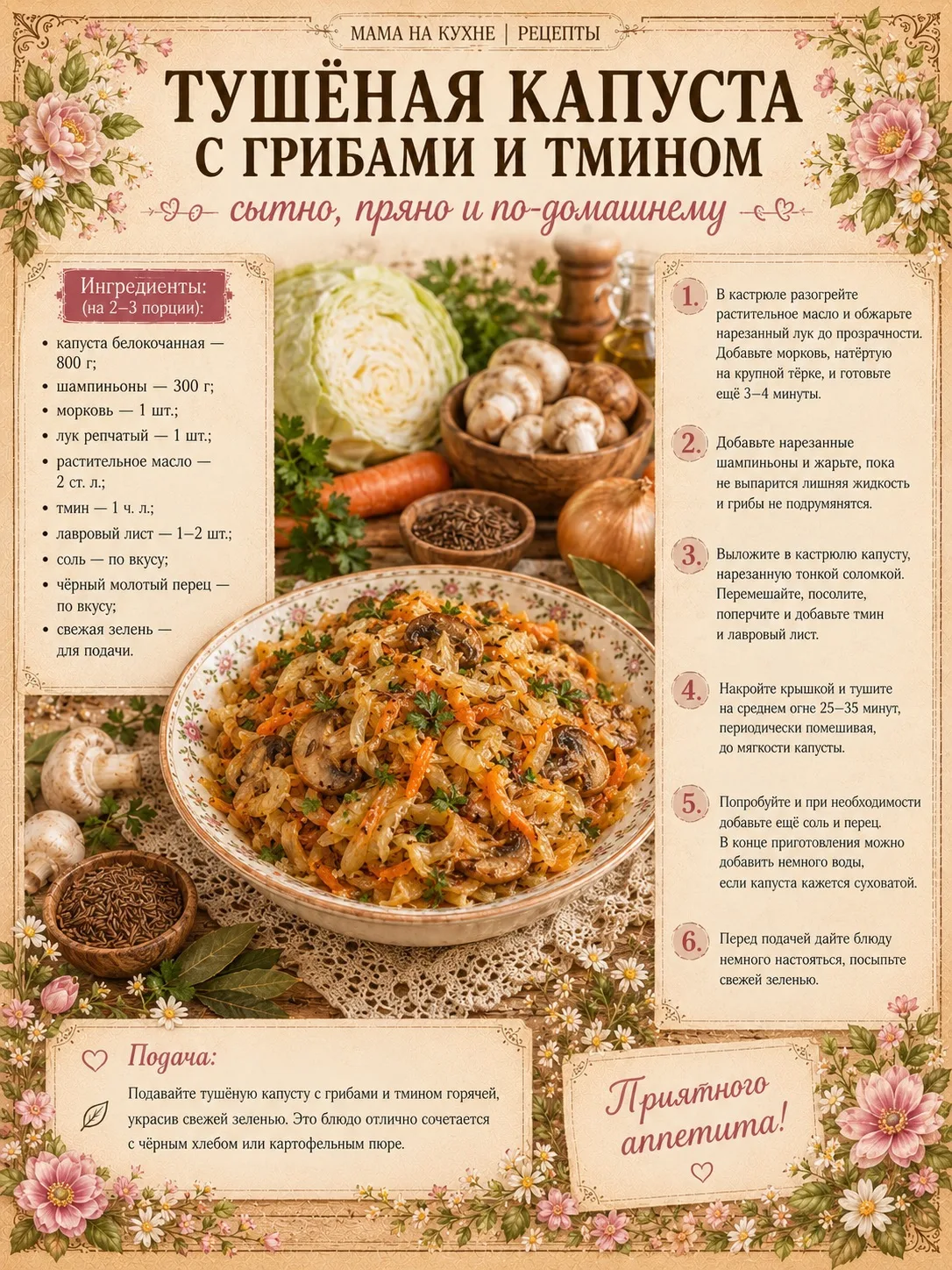 🌸 Тушёная капуста с грибами и тмином 🌸