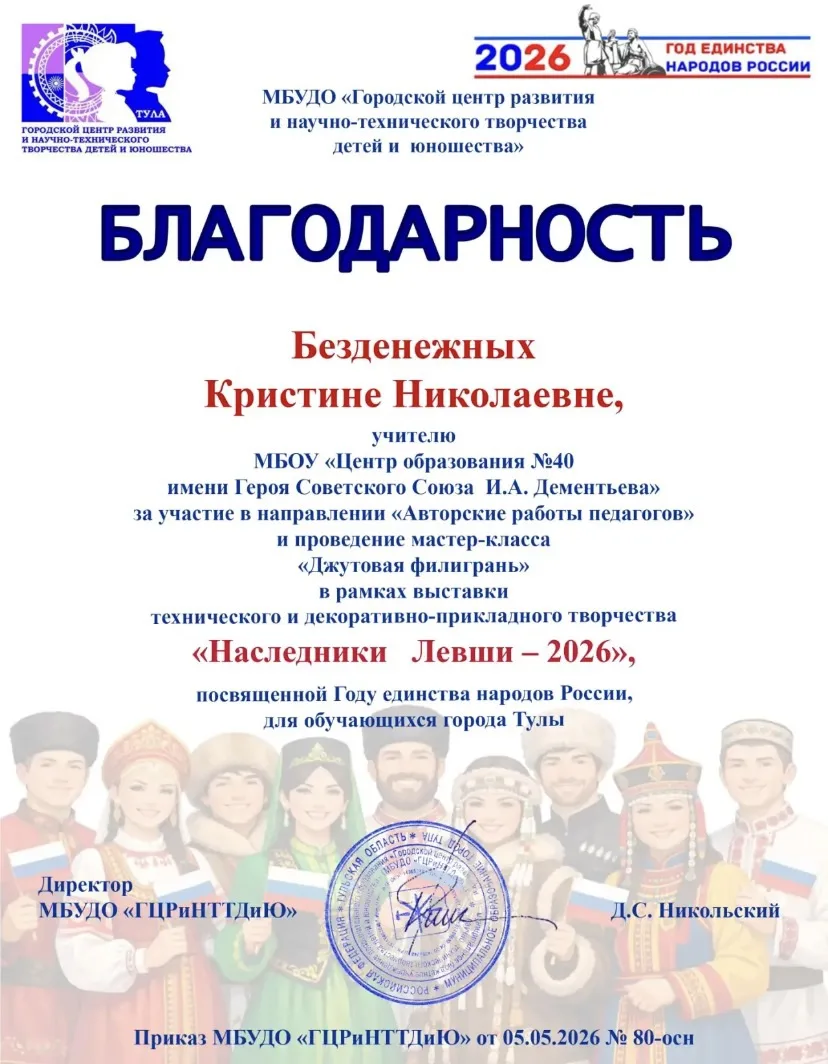 Поздравляем победителей, призеров и участников городского конкурса выставки "Наследники Левши 2026"