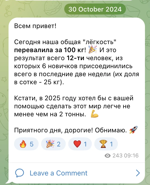 Полтора года прошло с этого поста в телеграм. 12 человек было в октябре 2024 года. 
Две тонны пока с