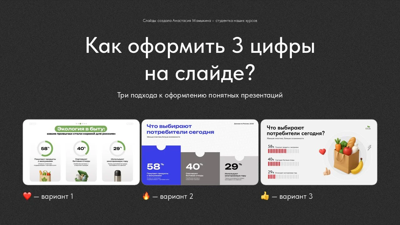 Качаем насмотренность и голосуем: как показать сравнение трех цифр на слайде? 

Когда нужно показать