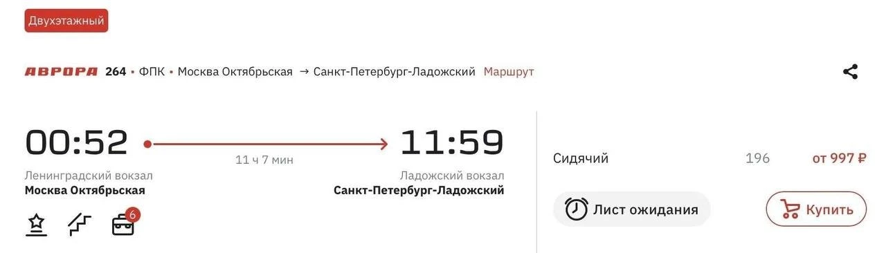 😮 РЖД в июле запустила акцию: билет на «Аврору» из Москвы в Петербург всего за 997 руб...