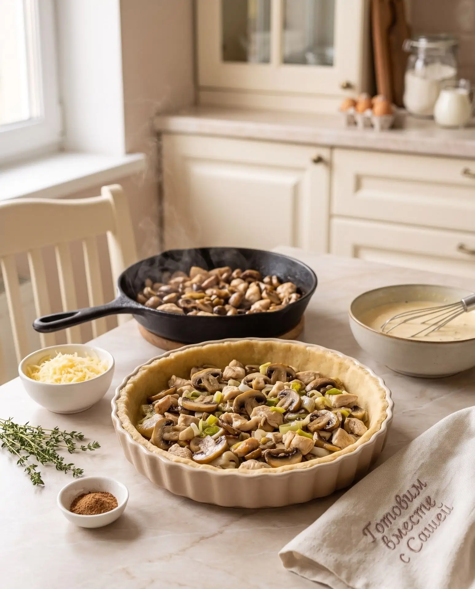Киш с курицей и грибами «ФРАНЦУЗСКИЙ ШПИОН»🥧🇫🇷

Ингредиенты (на форму 22–24 см)
Для основы:
🌾 Му
