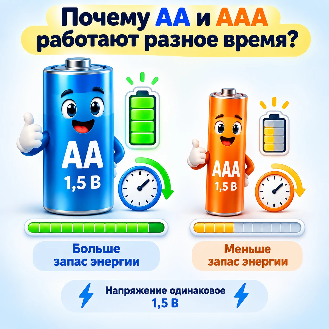 Почему AA и AAA дают одинаковые 1,5 В, но работают разное время?