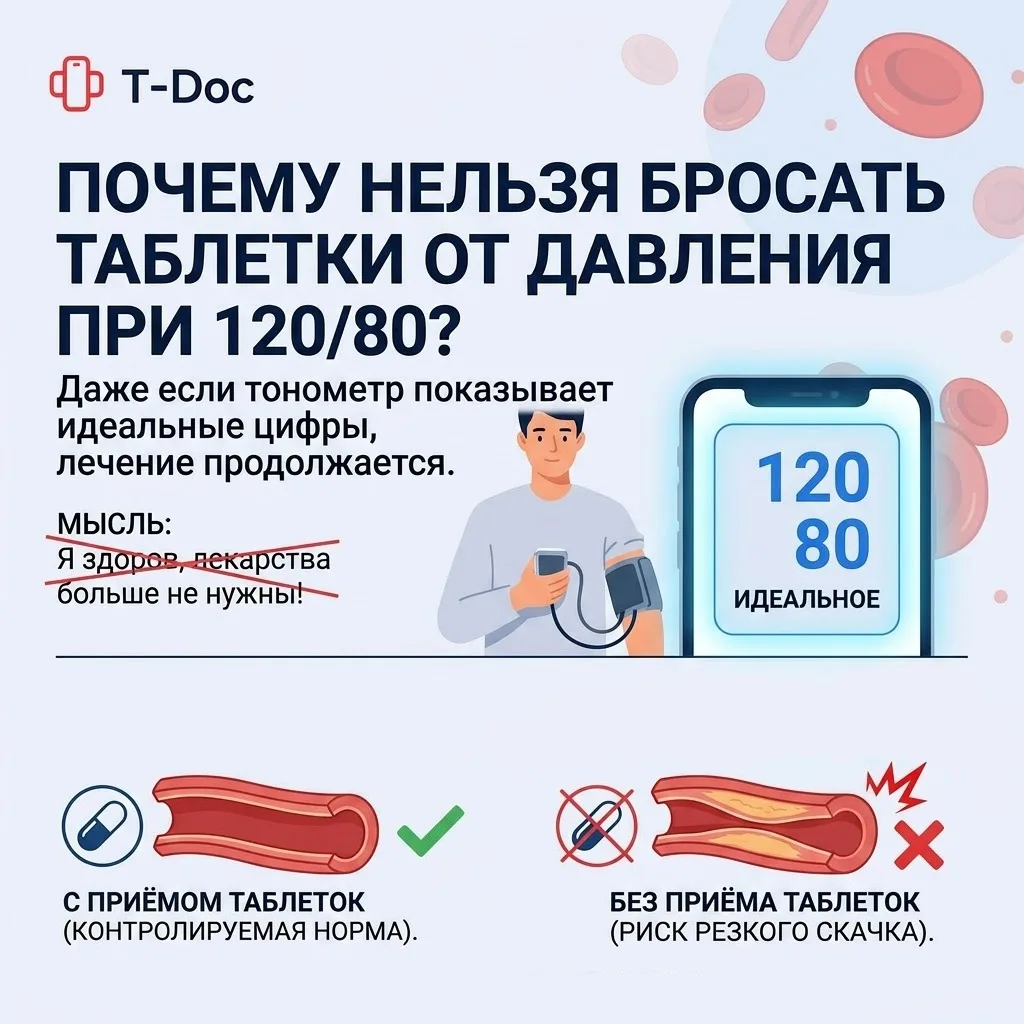 Почему таблетки от давления нельзя бросать, когда на тонометре заветные 120/80?

Вы послушно принима