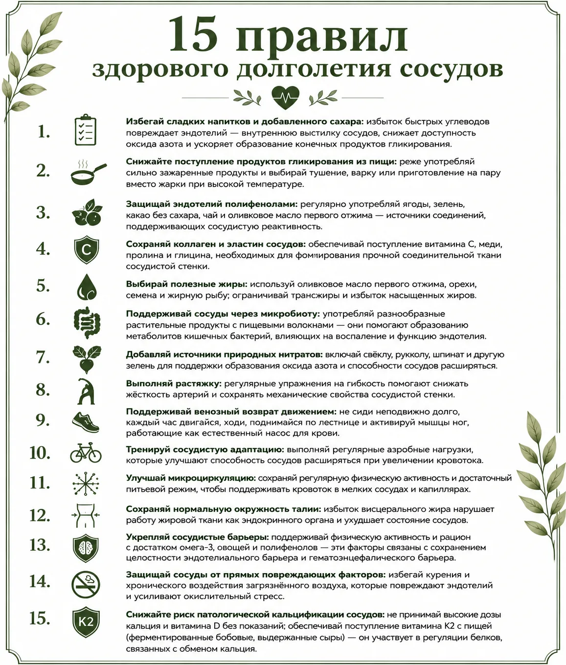 ✅ Удобно сохранить, легко поделиться с близкими: 15 правил здорового долголетия сосудов